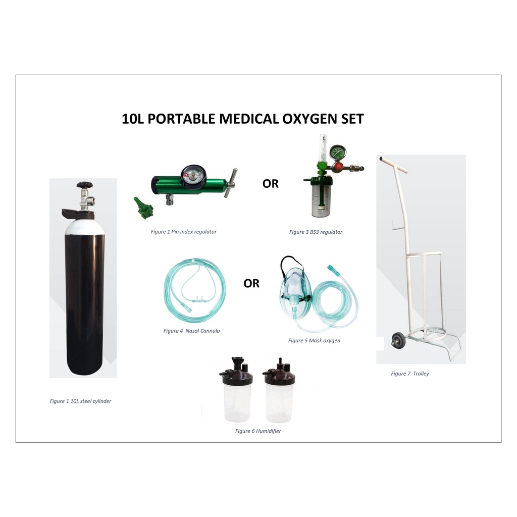 10L SEAMLESS STEEL CYLINDER MEDICAL OXYGEN (HUMIDIFIER, CANNULA HOSE & TROLLEY) SET
