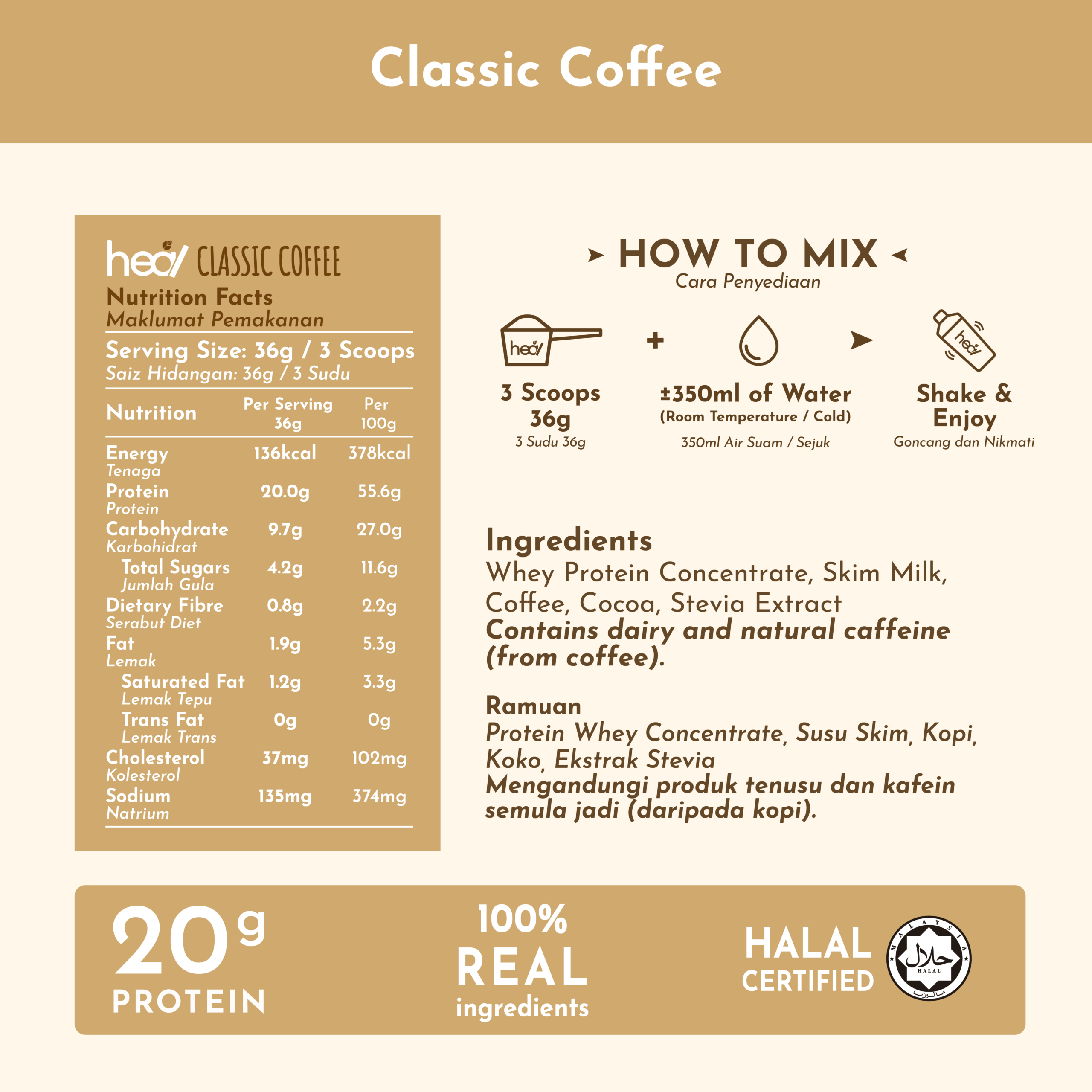 Heal Classic Coffee Dairy Whey Protein Shake Powder Suitable for Muscle Gain, Diet (15 Packs) - Image 3