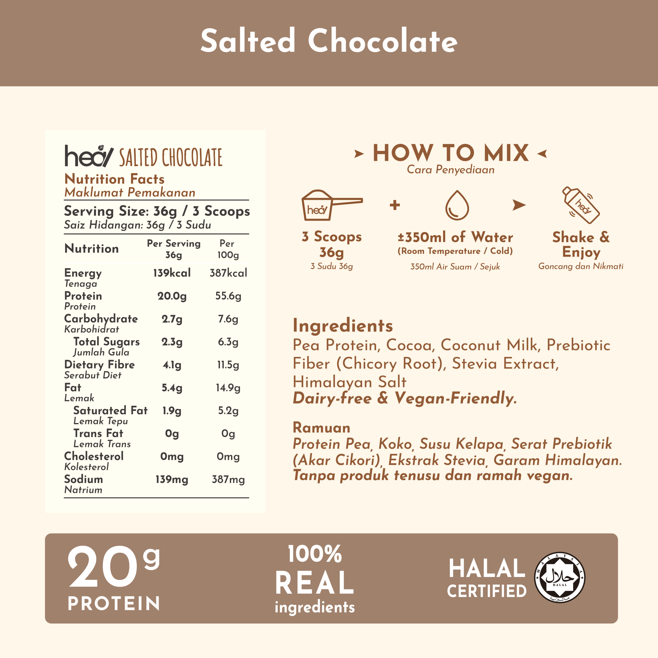 Heal Salted Chocolate Vegan Pea Protein Shake Plant Based Powder Suitable for Muscle Gain Diet (15 Servings/Pack) - Image 2