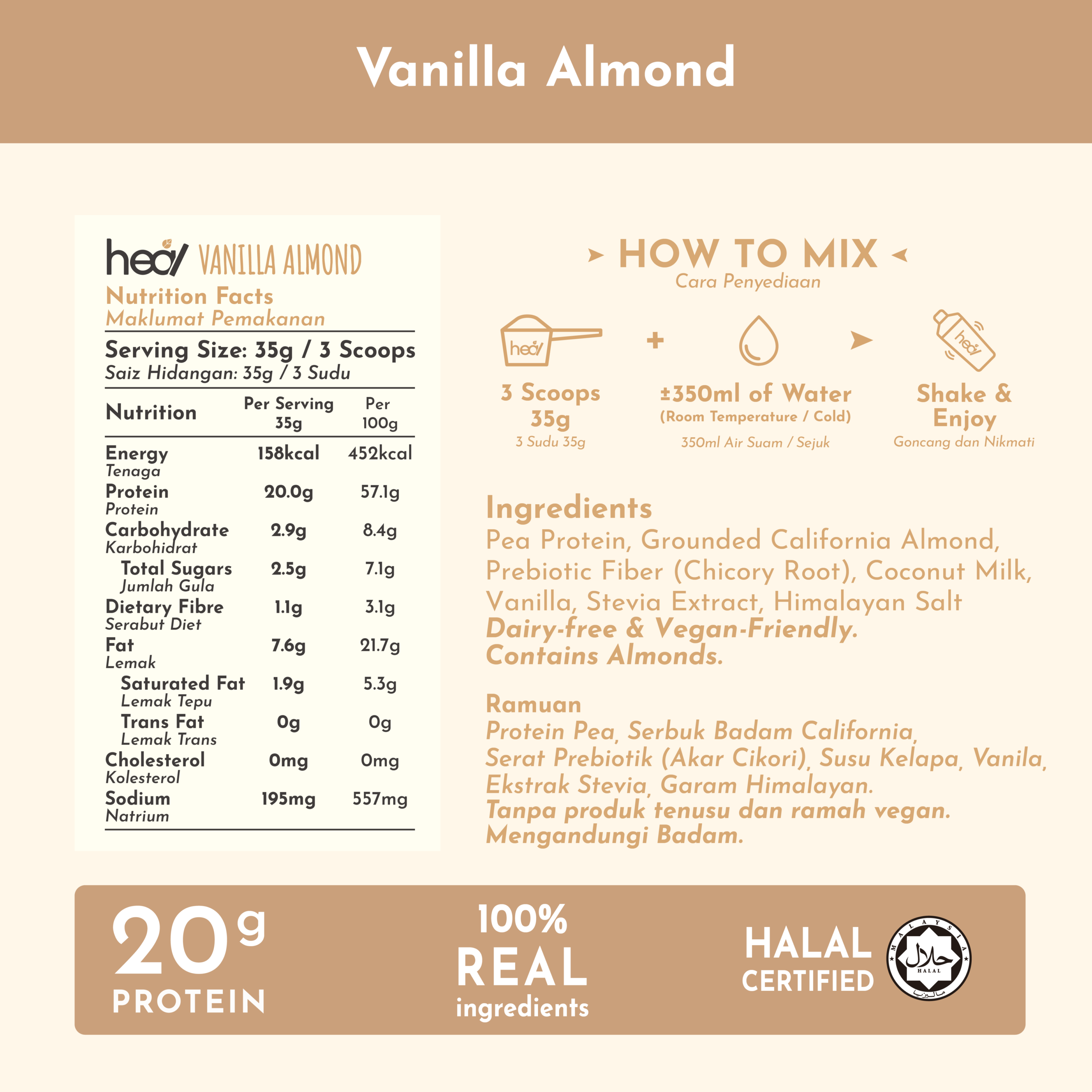 Heal Vanilla Almond Vegan Pea Protein Shake Plant Based Powder 15 Servings Pack HALAL - Suitable for Muscle Gain , Diet - Image 2