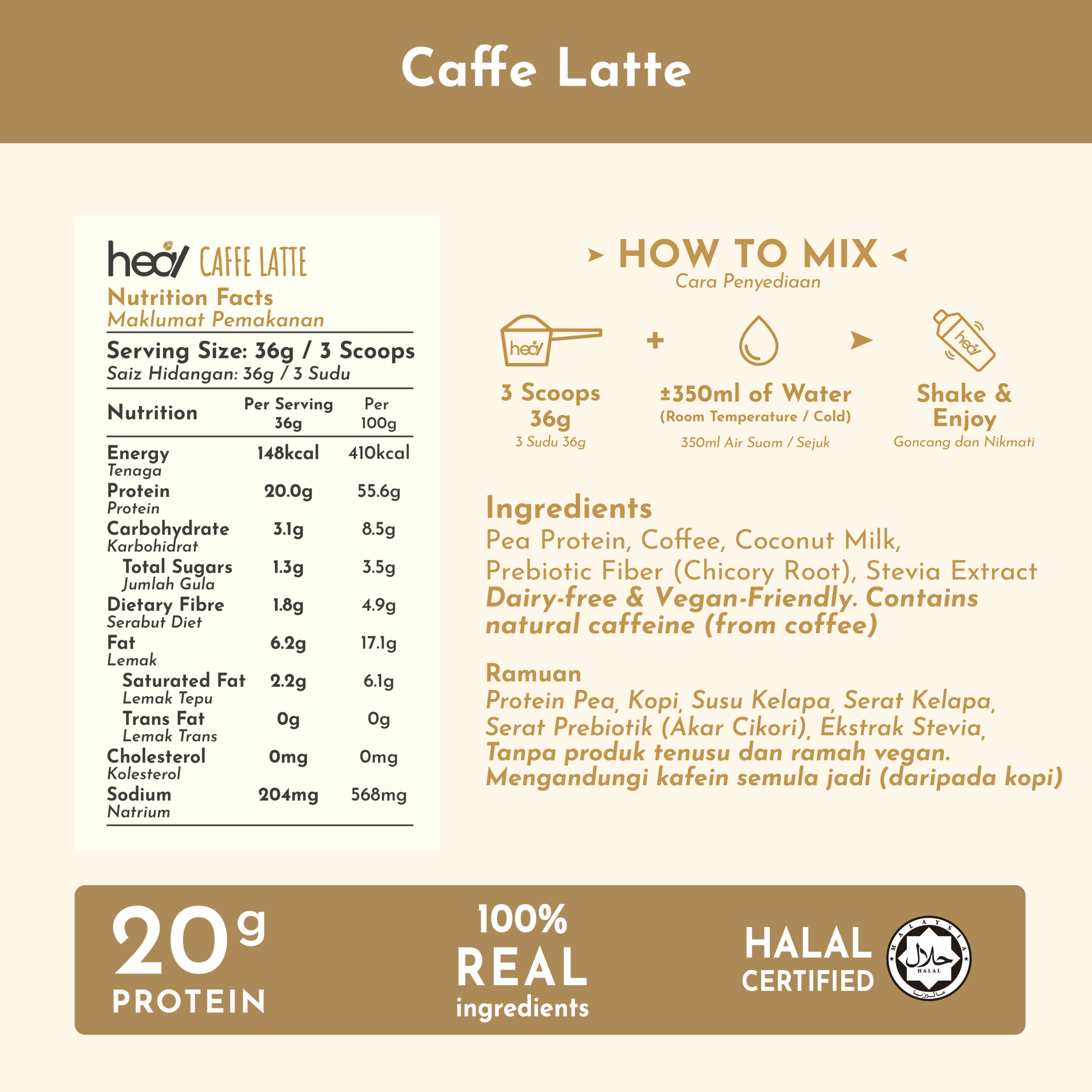 Heal Caffe Latte Vegan Pea Protein Shake Powder Sachet Bundle (16 Sachets) - Image 2