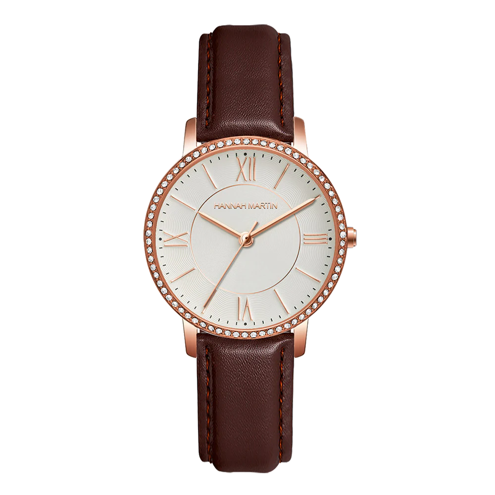 Hannah Martin Crystal Roman Marker Rose Gold with Brown Strap