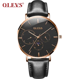 Olevs Astronaut Leather Quartz Watch - Black