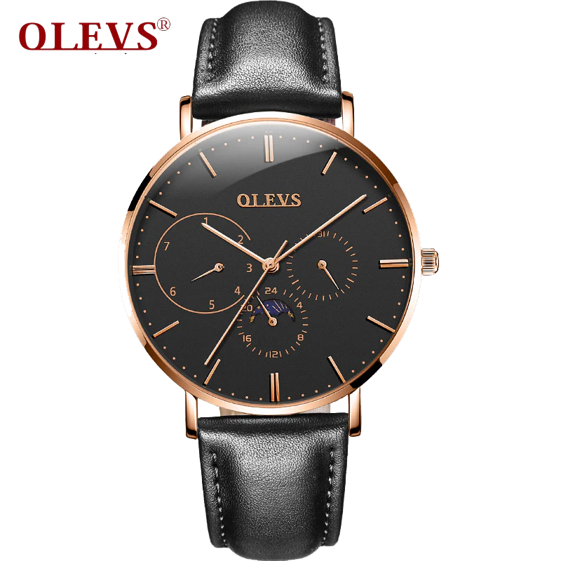 Olevs Astronaut Leather Quartz Watch - Black