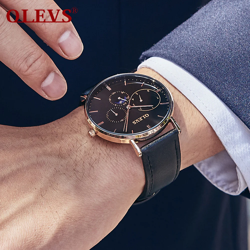 Olevs Astronaut Leather Quartz Watch - Black - Image 2