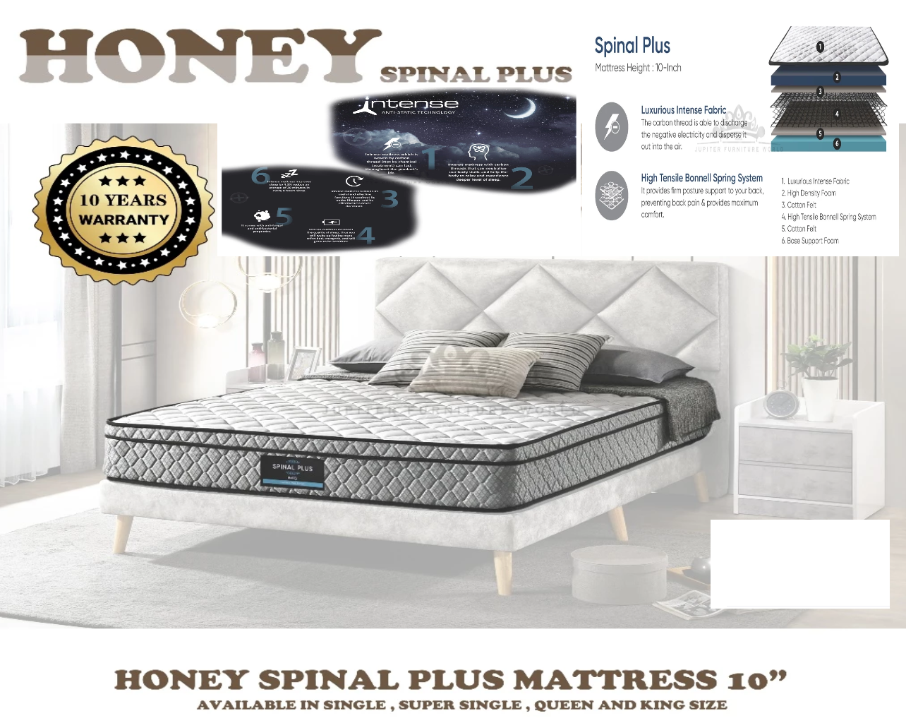 HONEY SPINAL PLUS QUEEN SIZE MATTRESS 5'x10''