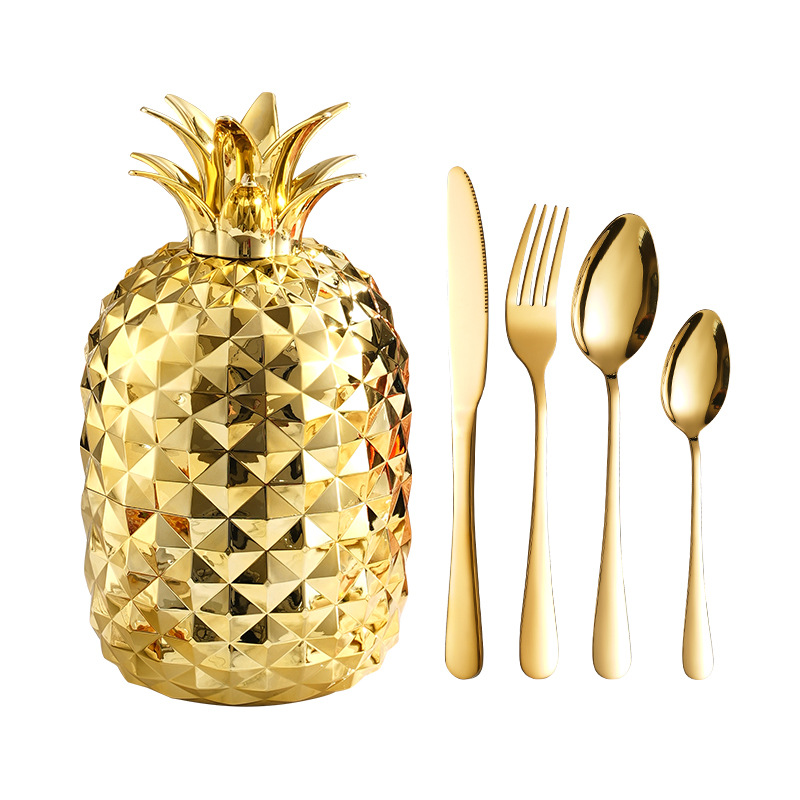 Set Peralatan Makan 24 Keping (Sudu, Garfu & Pisau) Dalam Bekas Peralatan Makan Berbentuk Nanas yang Kreatif - Image 4