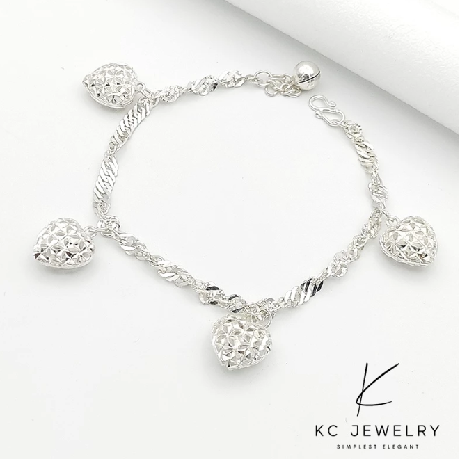 S925 Silver 4 Hollow Love Wavy Bracelet/Gelang Rantai Tangan Perak Original