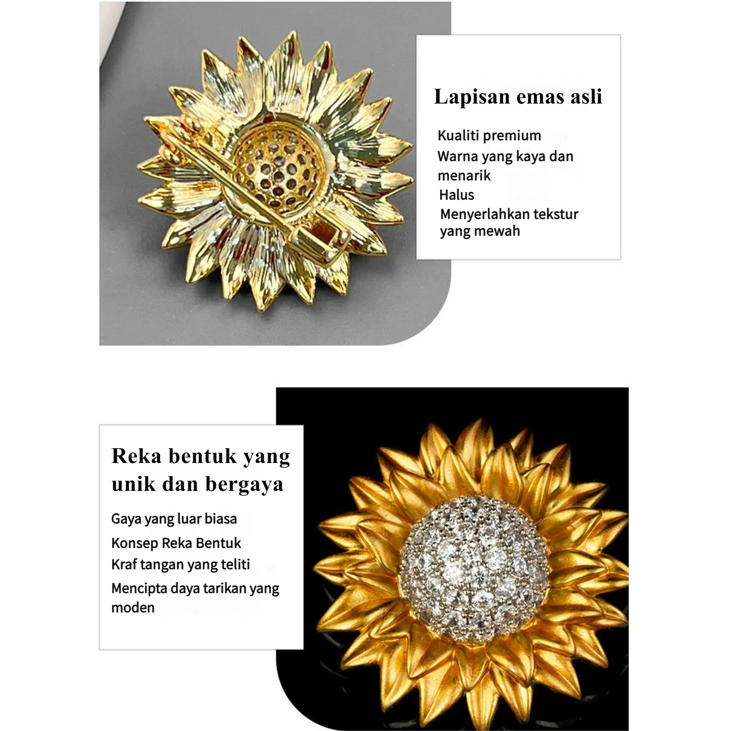 Bros Bunga Matahari Emas Kuning Fesyen Baharu Gaya Mewah Ringan Bertatahkan Zirkon - Image 7
