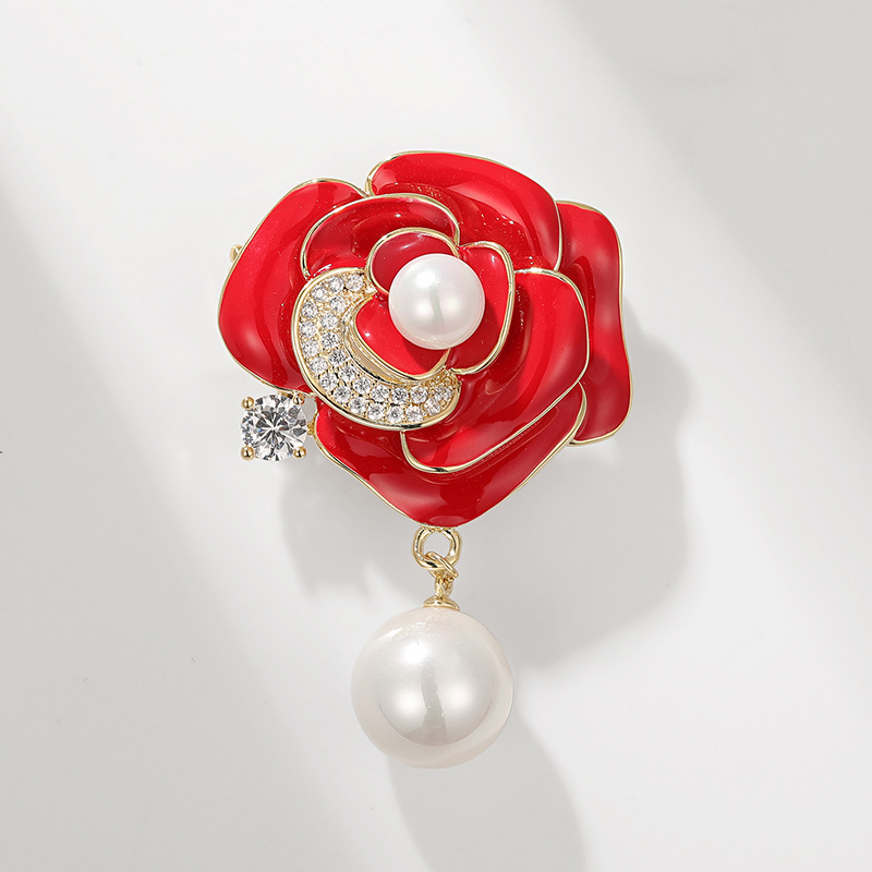 Pin bros aksesori mewah — bunga dada mutiara kerang berhiaskan zirkon dengan titisan enamel - Image 3