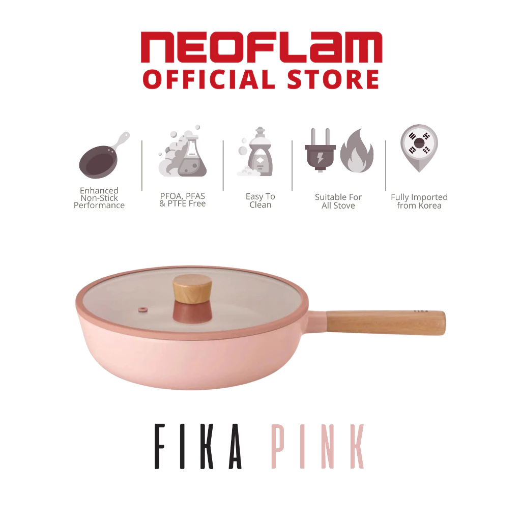 NEOFLAM FIKA PINK Non-stick Ceramic Coating 26cm Wok with Glass Lid