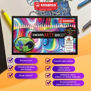 STABILO swans Hard Cover Box ARTY Colour Pencil Pensil Set 100 Colours with 60 CYMK, 27 Pastel, 9 Metallic & 4 Neon