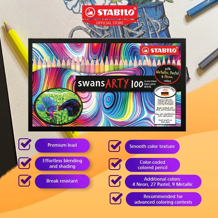 STABILO swans Hard Cover Box ARTY Colour Pencil Pensil Set 100 Colours with 60 CYMK, 27 Pastel, 9 Metallic & 4 Neon