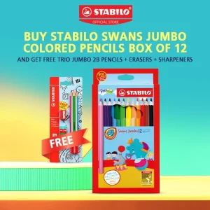 BUNDLE SET STABILO Swans Jumbo Colour Pencil Box of 18 / 12 + Trio Jumbo 2B Pencils x 3 + Eraser/Pemadam + Sharpener