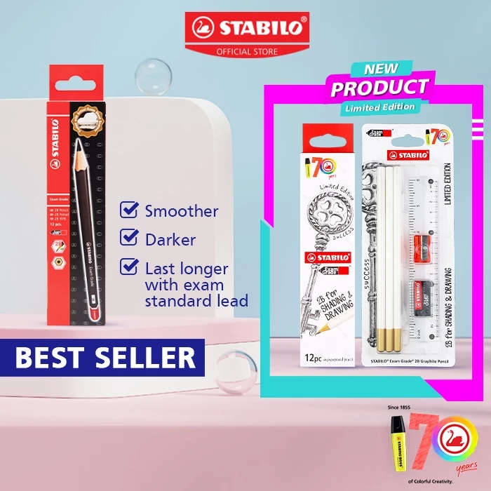 STABILO Graphite Pencil Exam Grade 2B Pencil Box (12 Pcs) Free Eraser & Sharpener Stationery Set