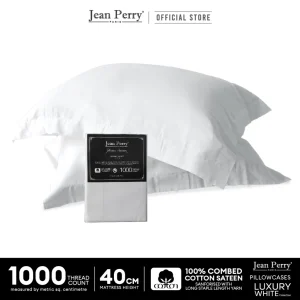 Jean Perry Hotel Series Luxury White 2 pcs Pillowcase -100% Combed Cotton Sateen 1000TC