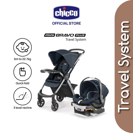 Chicco Mini Bravo Plus Travel System Stroller + Car Seat Baby Carrier + Base