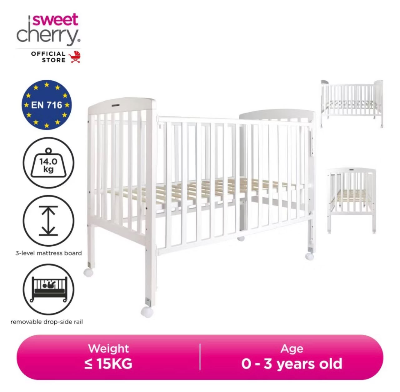 Sweet Cherry Wooden Fabio Baby Cot with Height Adjustable Layer